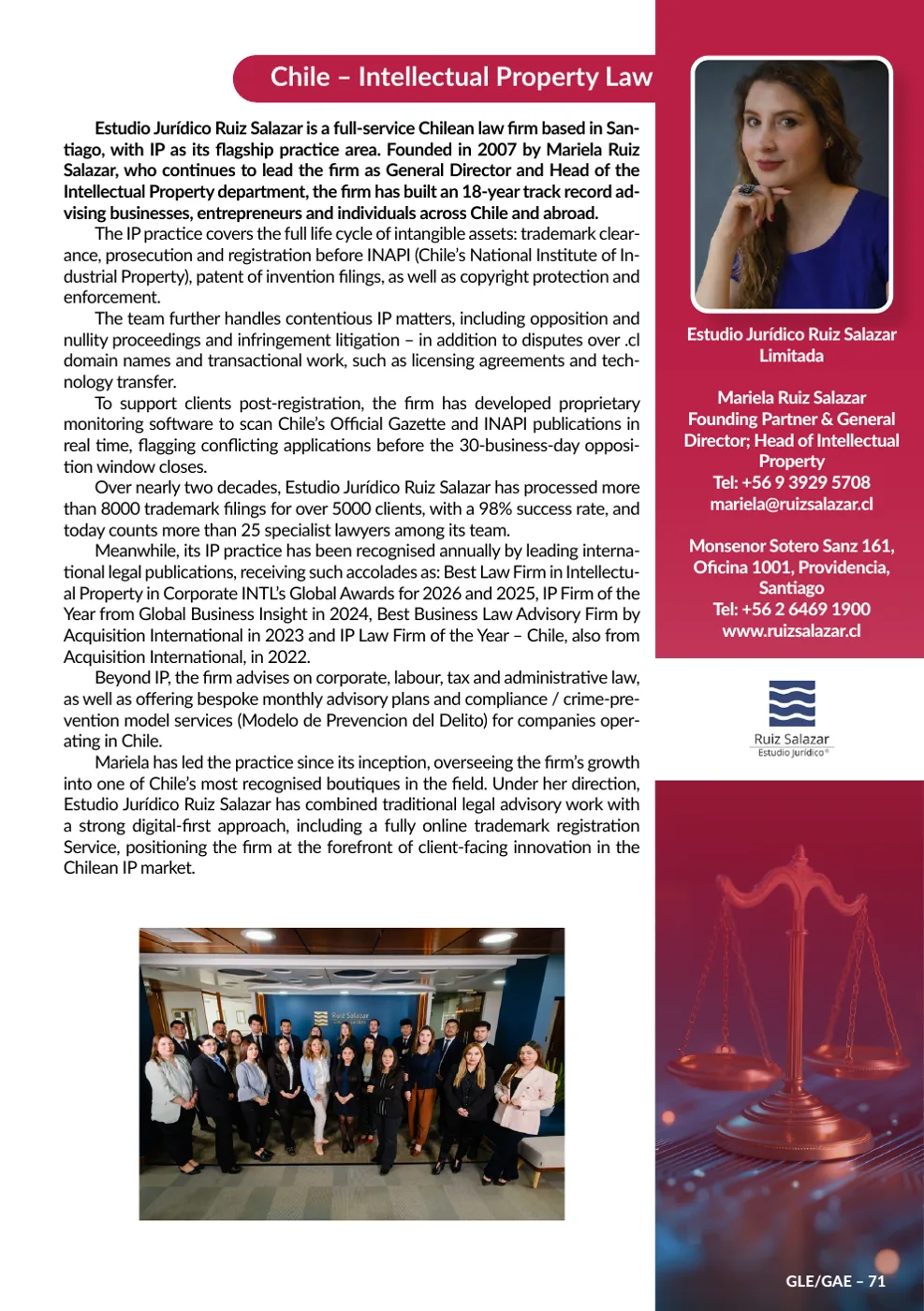 Página 71 del Global Law Experts Handbook 2026: Chile – Intellectual Property Law, Estudio Jurídico Ruiz Salazar